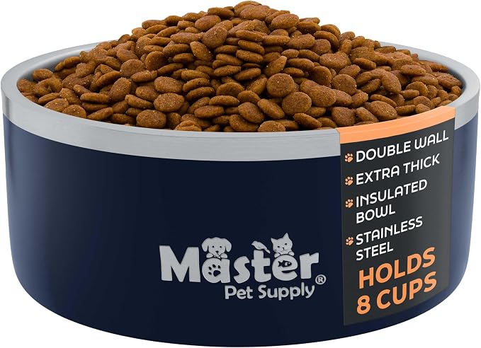Master Pet Supply Stainless Steel Dog Bowls - 64 oz, Heavy Duty - Navy Blue, Double Wall Extra-Thick Insulated, Non-Slip Pet Water Bowl for Dogs, Cats & Pets, Anti Rust Metal, Dish Washer Safe