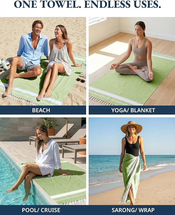 LANE LINEN Turkish Beach Towel 2 Pack, Super Absorbent, Durable - Jade Lime | Oversized Beach Towel 39"x71" - Lightweight Beach Essentials for Women - Large Pool Towel, Absorbent & Quick Dry, Great Gift