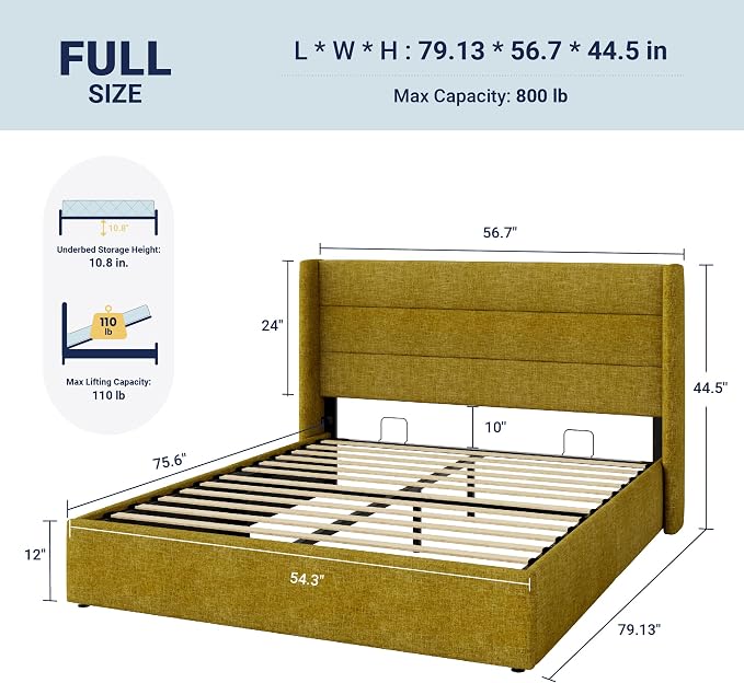 Allewie Full Size Lift Up Hydraulic Storage Bed Frame Olive Yellow | Modern Wingback Headboard, Hydraulic Support Storage, No Box Spring Needed