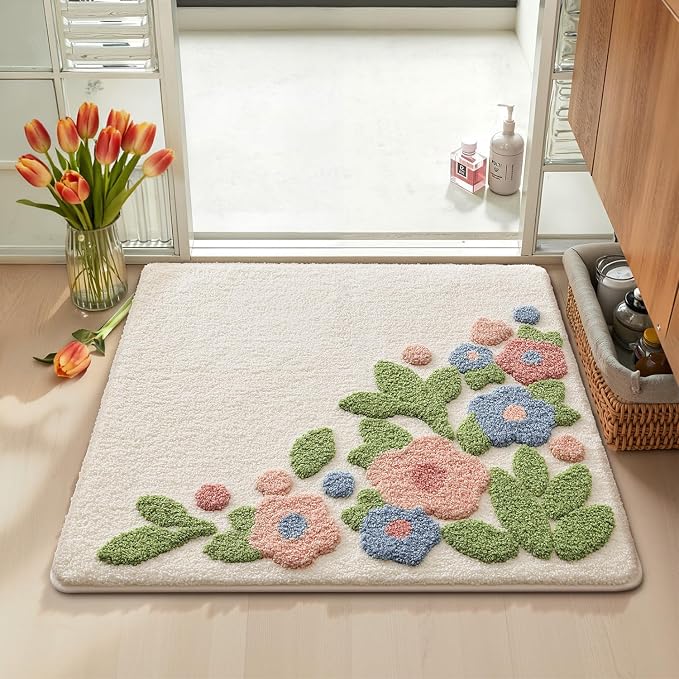 LUMI Bathroom Rugs Cute Flower, Soft Absorbent Square Bath Mat Non-Slip, Machine Washable Quick Dry Warm White Bloom Luxury Rug Flower for Kids Room, Bathtub, Home Decor, 32"x32"