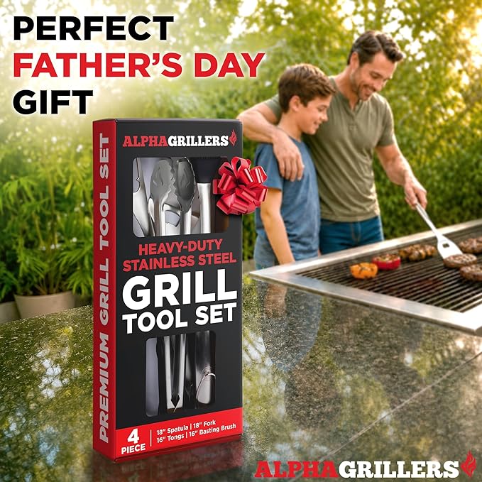 Alpha Grillers Grilling Accessories - BBQ Accessories Grill Set with Spatula, Fork, Brush & Tongs - Outdoor Barbecue Utensils Fathers Day Gift for Dad Husband Men Him Boyfriend