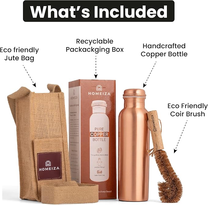 Pure Copper Water Bottle for Drinking Water, 34 Oz Plain Finish with Leak-Proof Cap, Stay Hydrated and Enjoy Natural Benefits. Handcrafted Reusable Water Bottle with Bag & Cleaning Brush