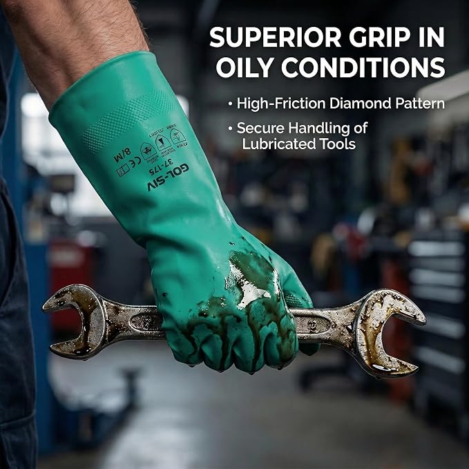 Nitrile Chemical Gloves, 12 Pairs, 18mil, Puncture Resistant, Large | Reusable heavy-duty safety work gloves. Acid, alkali & oil protection. For industrial, cleaning & chemical handling.