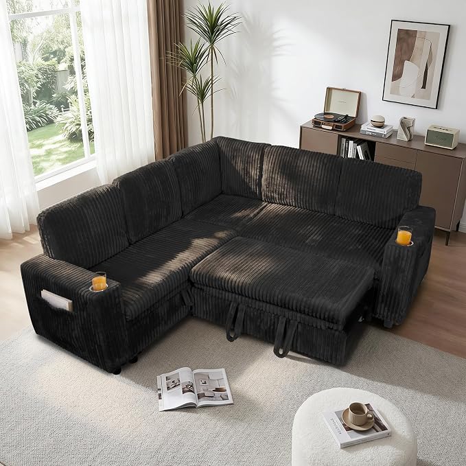 L-Shaped Sectional Sleeper Sofa with Pull Out Bed, Black | Plush Corduroy Modular Couch with Storage, USB Charging, Cup Holders – Cozy Cloud Couches for Living Room, Easy Assembly