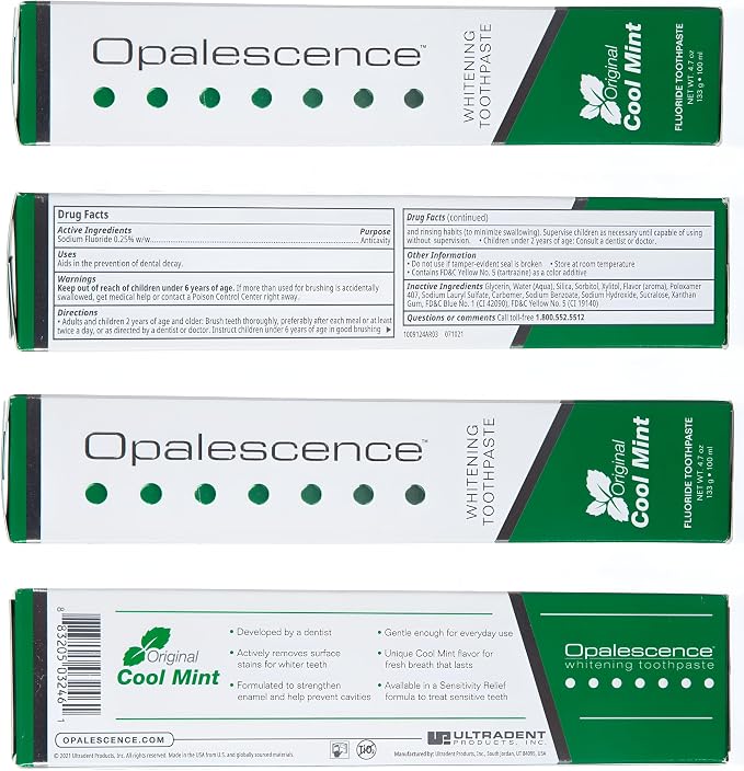 Opalescence Whitening Toothpaste Original 4.7oz - Mint - 6 Pack - 5166-6 | Dentist-Developed Oral Care Whitening Fluoride Toothpaste for Daily Use, Surface Stain Removal & Helps Strengthen Enamel