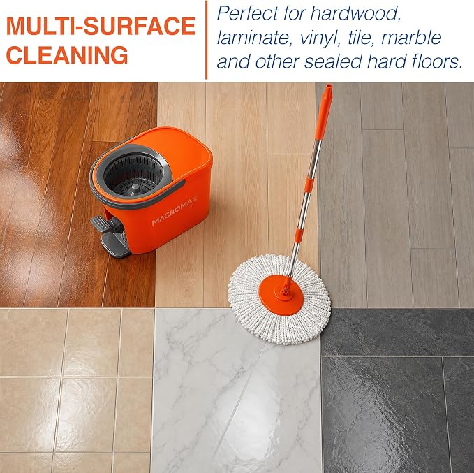 Macromax Force Spin Mop and Bucket Set with 9 Refills– Pedal-Activated Wringer System – 360° Microfiber Mop for Floor Cleaning – Ergonomic Handle – Wet or Dry Use – Hardwood, Tile & Laminate