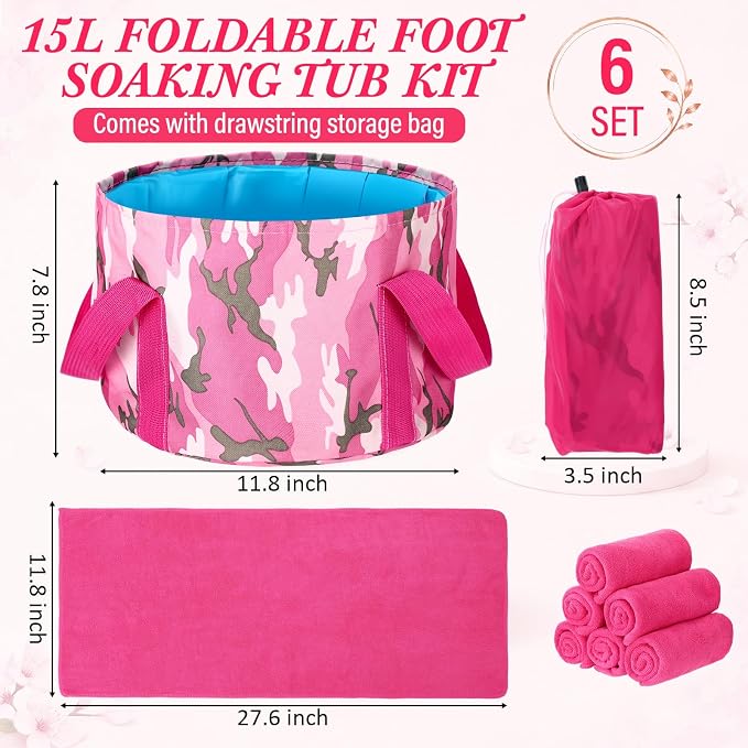 FillTouch 12 Pcs 15L Foldable Foot Soaking Tub Kit Portable Foot Bath Tub for Soaking Feet with Towel and Storage Bag Soak Spa Bucket for Travel Camping(Camouflage,Pink)