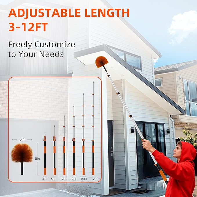 18 FT Cobweb Duster with 3-12 FT Telescoping Pole, Dual Action Flip-Lock & Screw Fixing Design, Washable Reusable Duster for High Ceilings, Fans & Home Cleaning