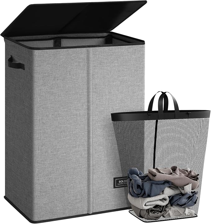 SOLEDI Laundry Hamper with Lid 130L Large & Tall Collapsible Laundry Basket, Clothes Hamper with Bag Removable Easy to Carry, Dirty Hampers for Bedroom, Bathroom, Dorm, College, Grey