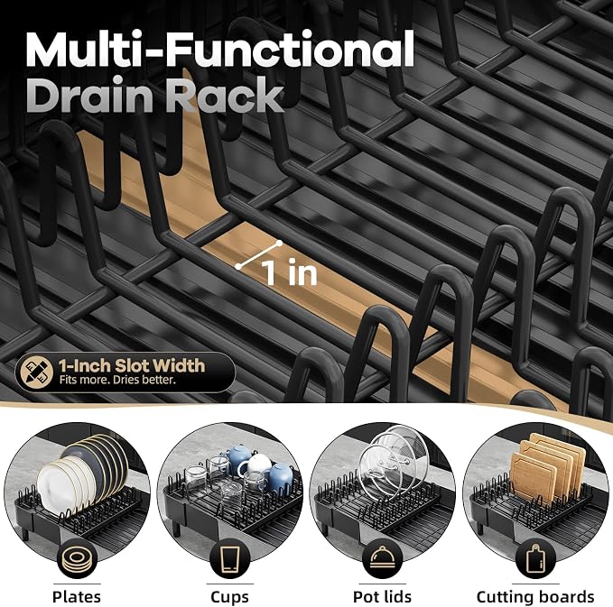 Urackify Stainless Steel Dish Drying Rack for Kitchen Counter,Black | Expandable 16.1" to 20.5", Large Capacity, Rustproof, Non-slip Feet, Adjustable Drain Pipe, Easy Assembly & Clean