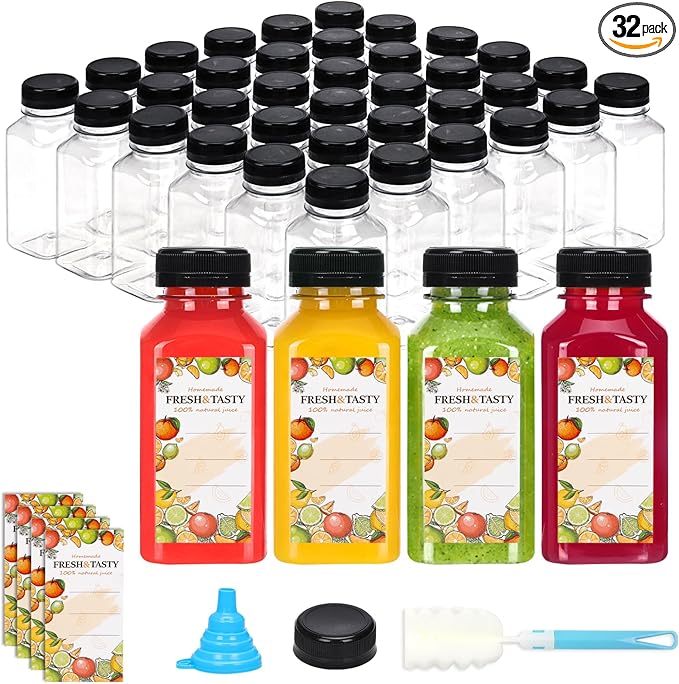 TOMNK 32pcs 8oz Plastic Juice Bottles with Caps Empty Reusable Clear Bottles with Label, Funnel and Brush Beverage Containers Bulk with Lids for Juicing, Smoothies, Fridge