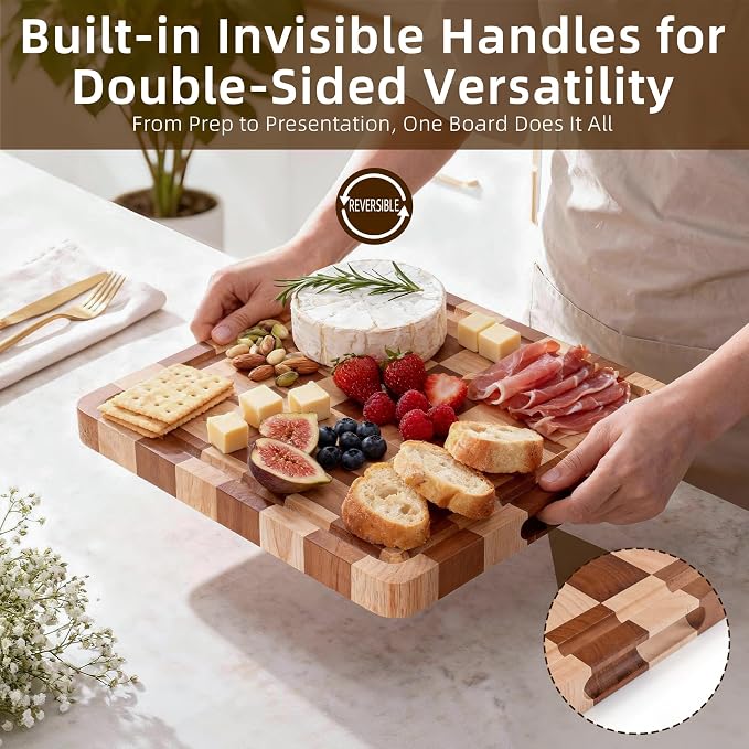 Checkered Cutting Board for Kitchen - Wood End Grain Checkerboard Chopping Board with Handle & Juice Groove, Double Sided for Food Prep, Serving and Decor, Square 12" x 12" x 1" ﻿
