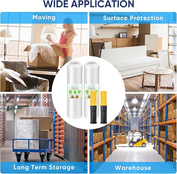TICONN 2Pk Stretch Wrap Stretch Film Roll, 1000ft Industrial Strength 15 inch Wide Clear Plastic Wrap with Handles for Pallet Wrapping Shipping Moving