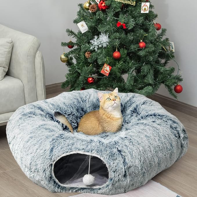 AUOON Plush Cat Tunnel Bed for Indoor Cats, 36" L x 36" W x 11.5" H, Gray | 2 in-1 Interactive Cat Toy, with Hanging Ball Toy, Machine Washable Center Pad, for Kitten Puppy Rabbit Ferret