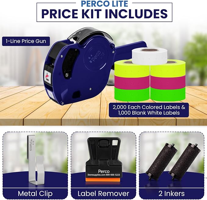 Perco Lite 1 Line Price Gun Kit for Retail & Business – Includes 2 Rolls Each of Yellow, Fluorescent Green, & Fluorescent Pink, Gun Clip & Ink Rollers – Pre-Loaded Pricing Gun w Labels & Ink