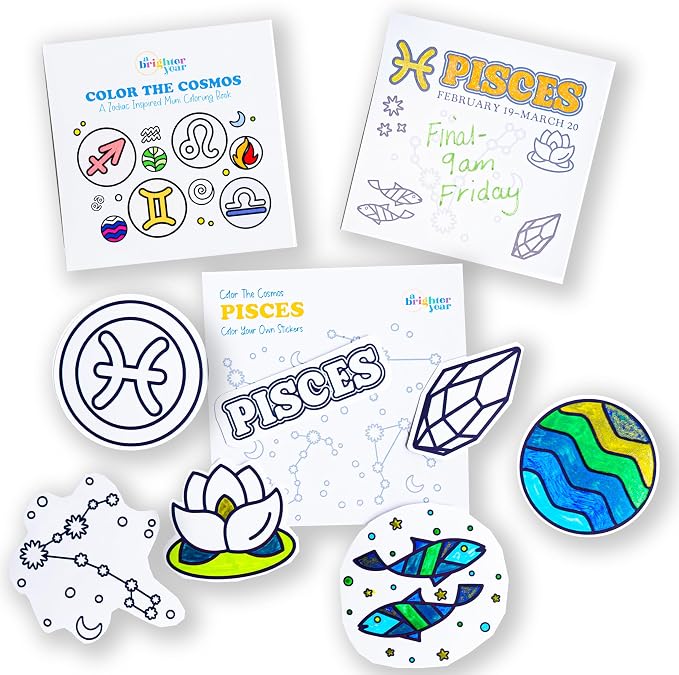 A Brighter Year Color The Cosmos Pisces Gift Bundle - Adult Mini Coloring Book (3" x 3" - 50 Pages), Post It Notes (50-3” x 3”), Stickers - Stress & Anxiety Relief - Mindfulness, Gift, Travel