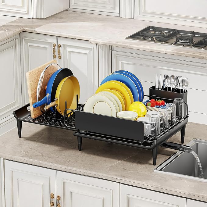 Urackify Expandable Dish Drying Rack with Drainboard for Kitchen Counter | Expands from 16.9 to 26.6 inches to fit more dishes, plates with fast drainage and flexible placement for any sink