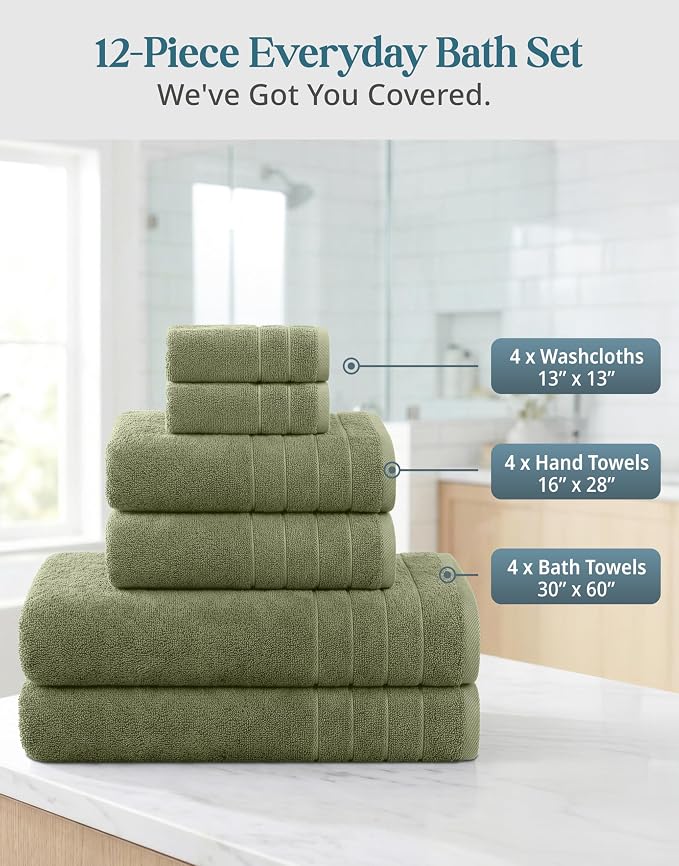 Casa Platino Towel Set for Bathroom 12 Piece Soft Absorbent - Oil Green | Shower Towels - Oversized & Roomy, Lightweight & Breathable, Fade-Resistant Color, Classic Terry Weave, Densely Woven