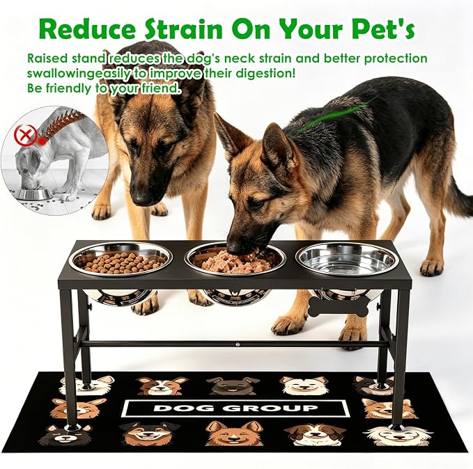SHAINFUN Elevated Dog Bowl Stand for Large Dogs& Extra Large Dogs with 3 Bowls 101oz– 4 Adjustable Height Raised Pet Feeder with Anti-Spill Mat, Stainless Steel Food & Water Station