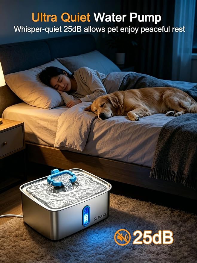SIBAYS 4Gal/15L Large Dog Water Fountain, Stainless Steel Pet Water Fountain with Water Level Window and LED Light, Ultra Quiet Automatic Dog Water Bowl Dispenser, Easy to Clean(FS78, Silver-Blue)