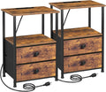 Night Stand, Nightstands Set of 2 with Charging Station | Bedside Table with 2 Fabric Drawers for Bedroom, End Tables with Storage Shelf for Small Spaces, Rustic Brown