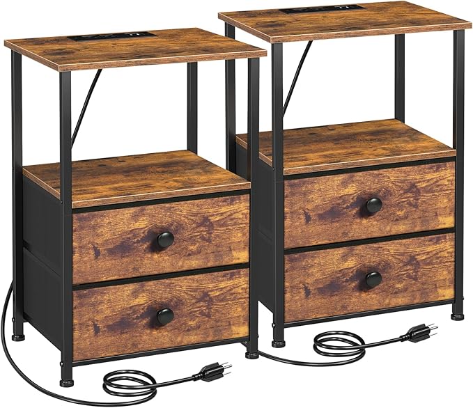 Night Stand, Nightstands Set of 2 with Charging Station | Bedside Table with 2 Fabric Drawers for Bedroom, End Tables with Storage Shelf for Small Spaces, Rustic Brown