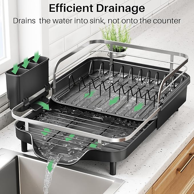 SNTD Dish Drying Rack, Expandable Dish Rack for Kitchen Counter, Stainless Steel Dish Drainer with Drainboard Set and Utensil Holder (Black)