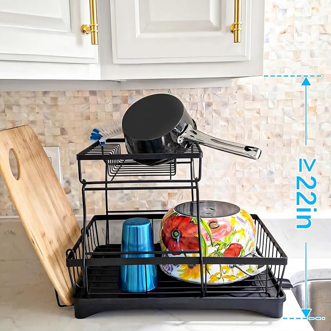 7 code Large Dish Drying Rack for Kitchen Counter, Detachable Large Capacity Dish Drainer Organizer, 2-Tier Dish Racks with Utensil Holder, Black