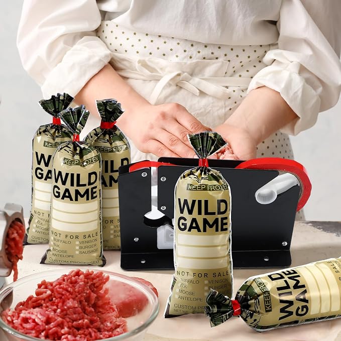 Talltalk 200 Pcs Wild Game Meat Bags with Steel Tape Bag Sealer 2 Bag Sealing Tape 1 lb Ground Meat Bags Sausage Burger Packaging Storing Processing Protect Your Meats from Freezer Burn