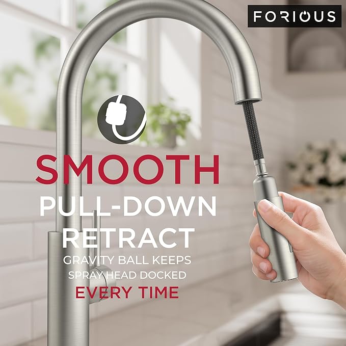 FORIOUS Kitchen Faucet with Soap Dispenser, High Arc Stainless Steel | Lead-Free, Single Handle, Brushed Nickel Pull Down Sink Faucets,1 or 3 Hole Deck Mount for RV/Bar/Laundry/Outdoor