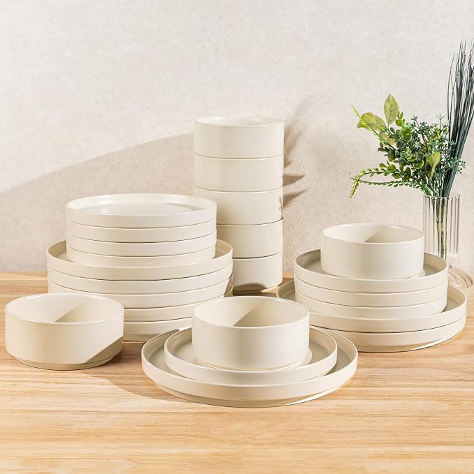 TheTerra Ceramic Dinnerware Sets for 8, 24 Pieces Porcelain Lightweight Plates and Bowls Sets, Scratch Resistant Dish Set, Oven & Microwave & Dishwasher Safe, Matte White