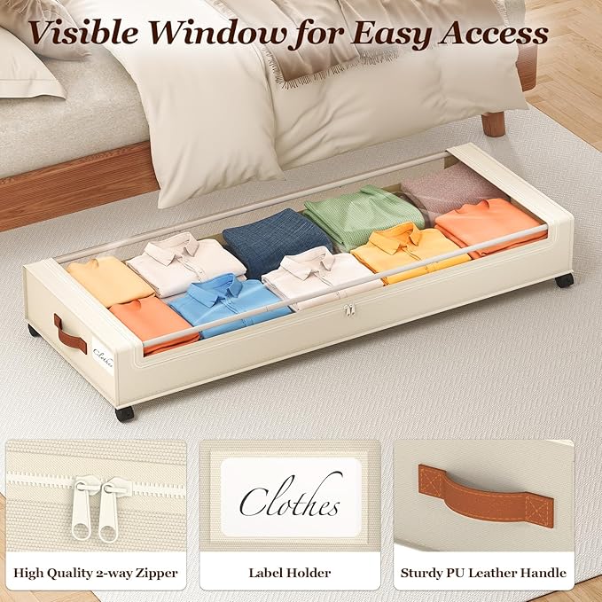 Yecaye Under Bed Storage with Wheels 2 Pack, 85 L Extra Large Under Bed Storage Containers with Metal Frame & Clear Lid, Rolling Underbed Organizer Bins Drawers for Clothes, Shoes, Blankets, Beige