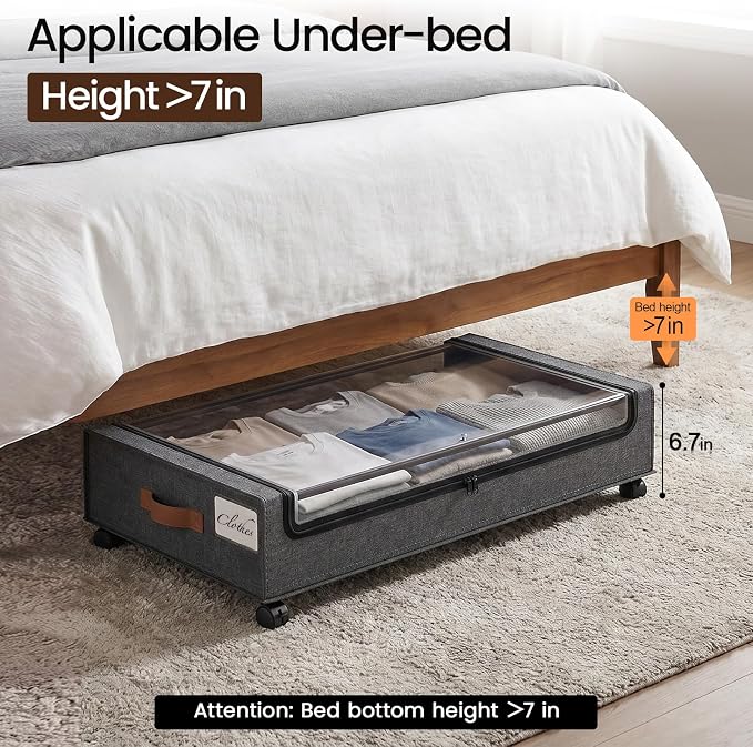 Yecaye 60 L Under Bed Storage with Wheels, 2 Pack Under Bed Storage Containers with Clear Window & Label, Rolling Under bed Shoe Storage organizer for Clothes, Shoes, Hemp Grey