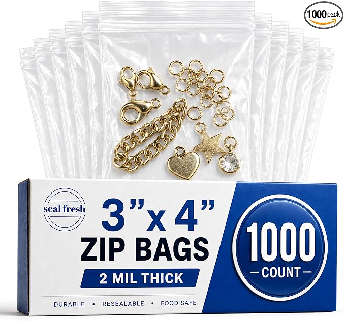 Seal Fresh 3 x 4 Inch Resealable Plastic Bags 1000 Pack — Clear Reclosable Zipper Seal Bags for Jewelry, Beads, Small Parts, Crafts, Hardware