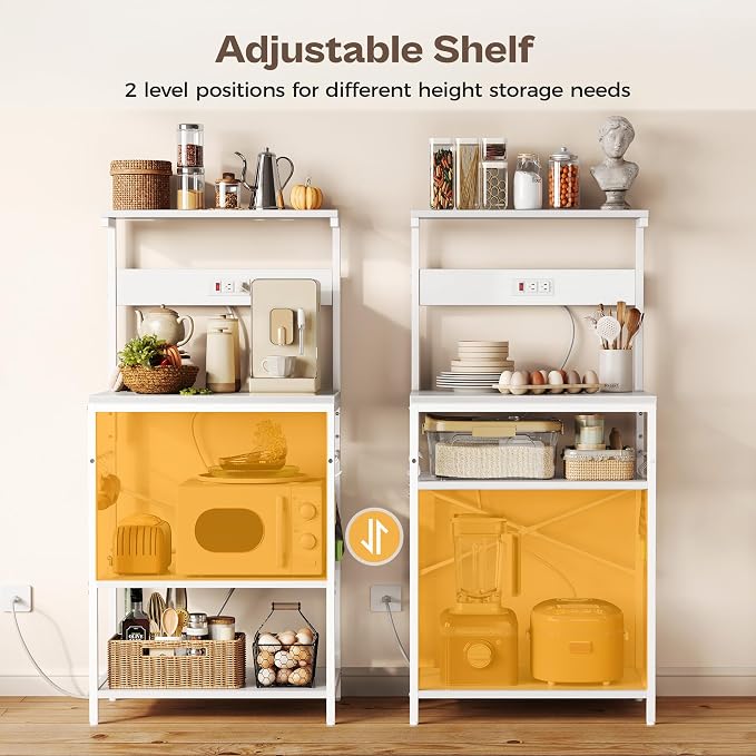 SUPERJARE Kitchen Bakers Rack with Power Outlet, Coffee Bar Table 4 Tiers, Kitchen Microwave Stand with 6 S-Shaped Hooks, Storage Shelf Rack for Spices, Pots and Pans - White