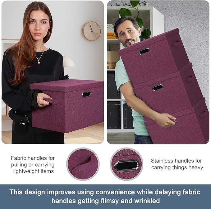 Graciadeco Large 17" 36 Quart Collapsible Stackable Storage Bins with Lids, 3 Packs Purple Linen Fabric Closet Boxes with Lids, Storage Cube Baskets Container Organizers for Bedroom Office (17x12x11)