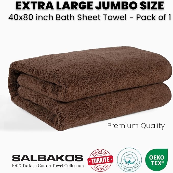 SALBAKOS 100% Turkish Cotton Bath Sheet 40x80 (1-Piece, Chocolate Brown) | Extra Large Jumbo Oversized Bathroom and Beach Towel, Super Soft Highly Absorbent Thick Premium Hotel Quality, Made in Turkey
