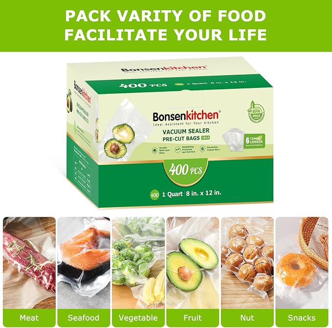 Bonsenkitchen Vacuum Sealer Bags, 8" x 12", 400 Quart Precut, VB14 | 400 Quart 8" x 12" Precut Food Sealer Bags, Customized Size Vacuum Bags for Vac Storage, Meal Prep or Sous Vide Cooking