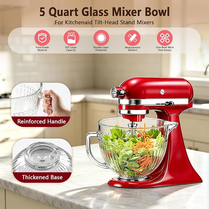 5QT Glass Mixer Bowl for KitchenAid 4.5 and 5 Quart Tilt-Head Stand Mixers | Double-Layer Thickened Mixing Bowl Replacement for Kitchen aid with Measurement Markings Pour Spout & Handle, Dishwasher Safe