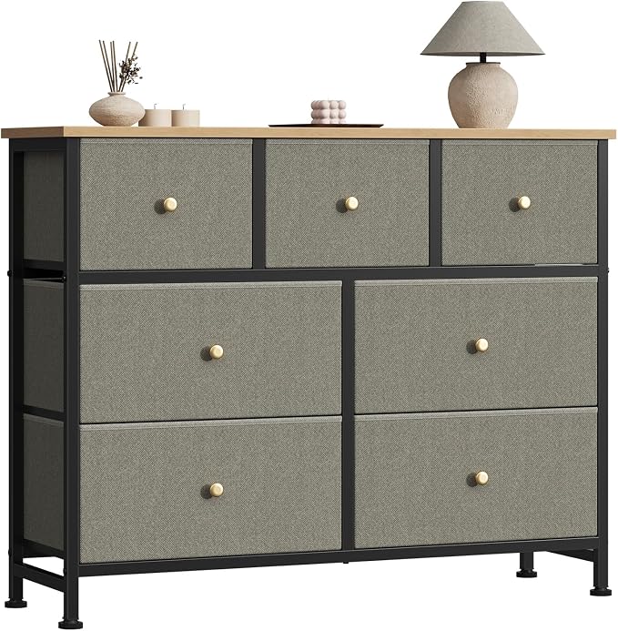 Sweetcrispy 7 Drawer Dresser with Fabric Bins, Fabric Storage Tower Organizer for Bedroom, Closet, Hallway, Entryway, Tall Chest of Drawers with Steel Frame, Wood Top, Large Storage,Dark Green