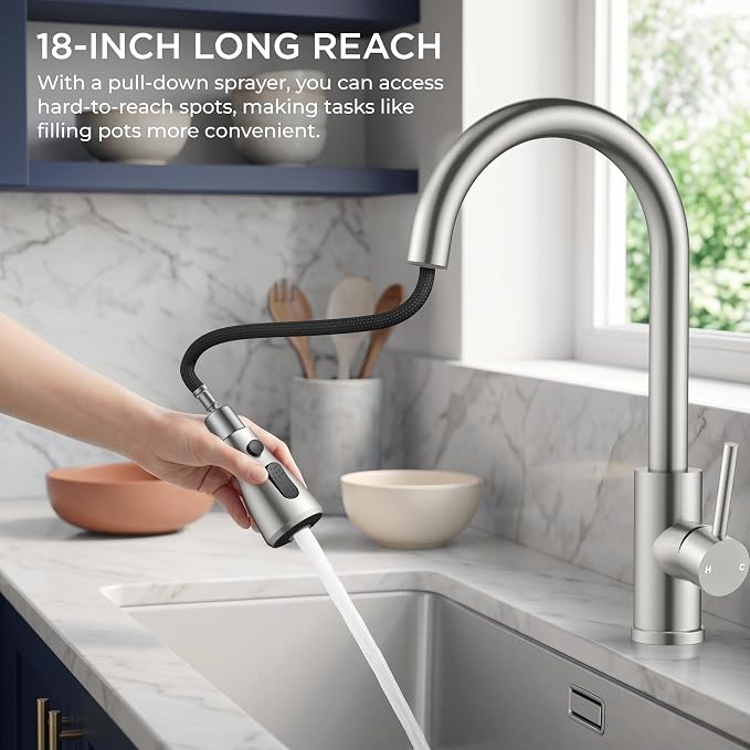 FORIOUS Touch Activated Kitchen Faucets Pull Down Sprayer, Brushed Nickel | High Arc Kitchen Sink Faucet with Deck Plate, Stainless Steel, Single Hole, Single Handle, Fit for RV Bar Farmhouse Laundry