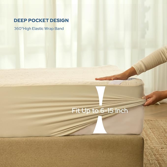 BEDLORE Waterproof Mattress Protector, King Size Noiseless Mattress Pad with Deep Pocket 6"-18" Depth, Soft Breathable Bed Mattress Cover Washable for Home, Bedroom, Hotel (Beige)