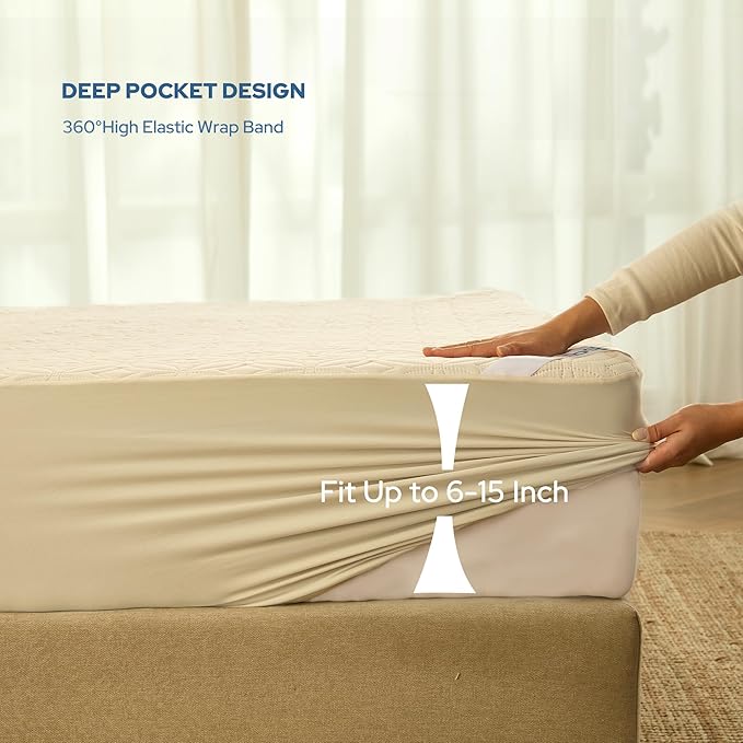 BEDLORE Waterproof Mattress Protector, Queen Size Noiseless Mattress Pad with Deep Pocket 6"-18" Depth, Soft Breathable Bed Mattress Cover Washable for Home, Bedroom, Hotel (Beige)