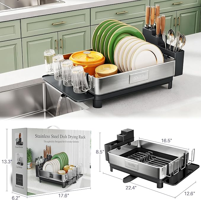 SNTD 304 Stainless Steel Dish Drying Rack for Small Kitchen Counter, Black | Rustproof, Large Capacity, Heavy-Duty Frame, Rotating Spout, Angled Drainboard, Removable Cup & Utensil Holder