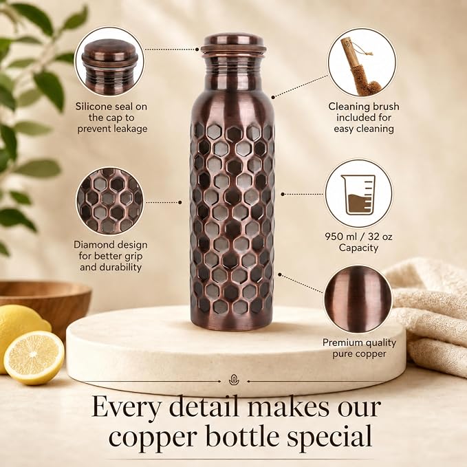 Copper Water Bottle,Ayurvedic Pure Copper Bottle For Drinking - Drink More Water, Lower your Sugar Intake And Enjoy The health Benefits Immediately - 32 Oz(1Cleaning Brush +3 Diamond Bottle)
