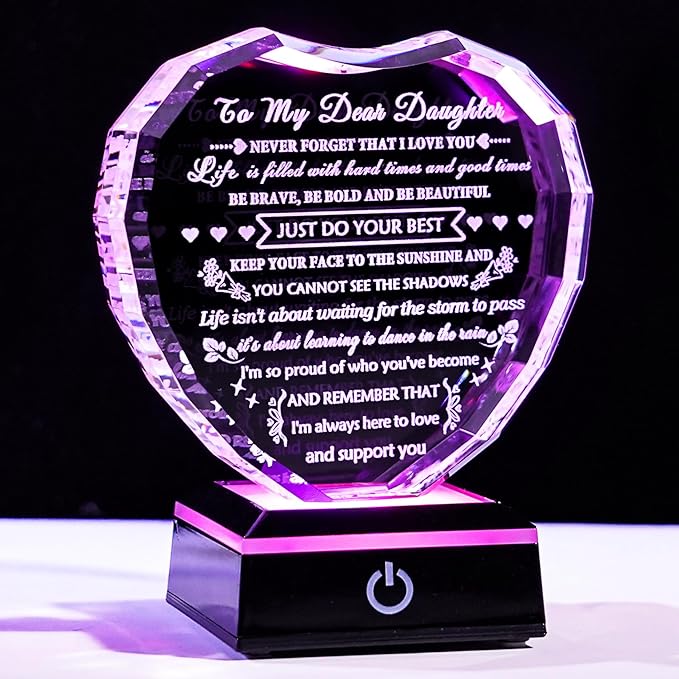 YWHL Meaningful Daughter Gifts from Mom Dad, Birthday Gifts for Adult Daughter Heart Crystal Keepsake with Colorful Light Base, to My Daughters Present on Christmas Graduation Valentine Day