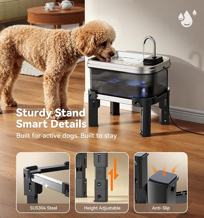 9L/2.38Gal Dog Water Fountain Elevated with 4-Height Adjustable Stand, FeelNeedy Large Pet Water Dispenser with Durable Ultra-Quiet Pump & 304 Stainless Steel Tray, Water Fountain for Dogs Indoor
