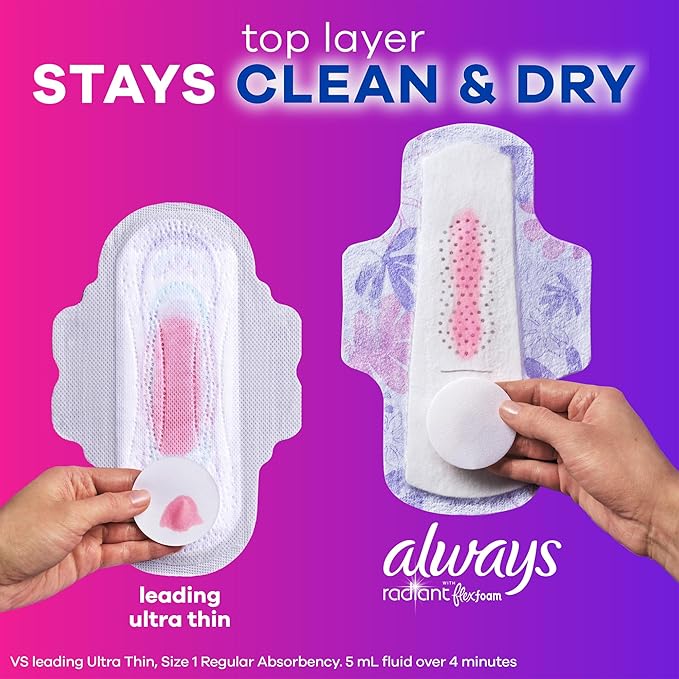 Always Radiant Feminine Pads for Women, Flexfoam Pads with Wings, Size 2, Heavy Absorbency, Lightly Scented 78 Count (Pack of 2)
