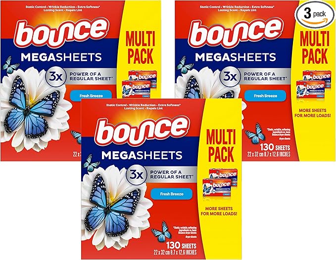 Bounce Mega Dryer Sheets, Fresh Breeze, 130 Count, Mega Fabric Softener Sheets with Static Control, Wrinkle Reduction, Extra Softness, Lasting Scent, Repels Lint (Pack of 3)