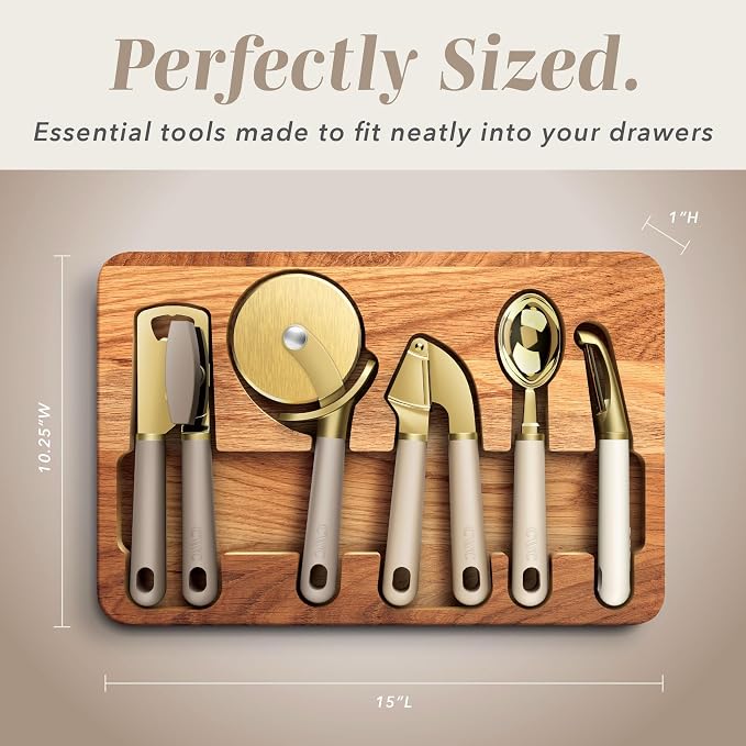 COOK WITH COLOR 6-Piece Kitchen Tool Set with Acacia Wood Cutting Board, Can Opener, Pizza Cutter & Prep Essentials, Brown Ombre